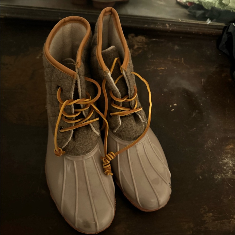 Sperry Tan and Gray Duck Boots